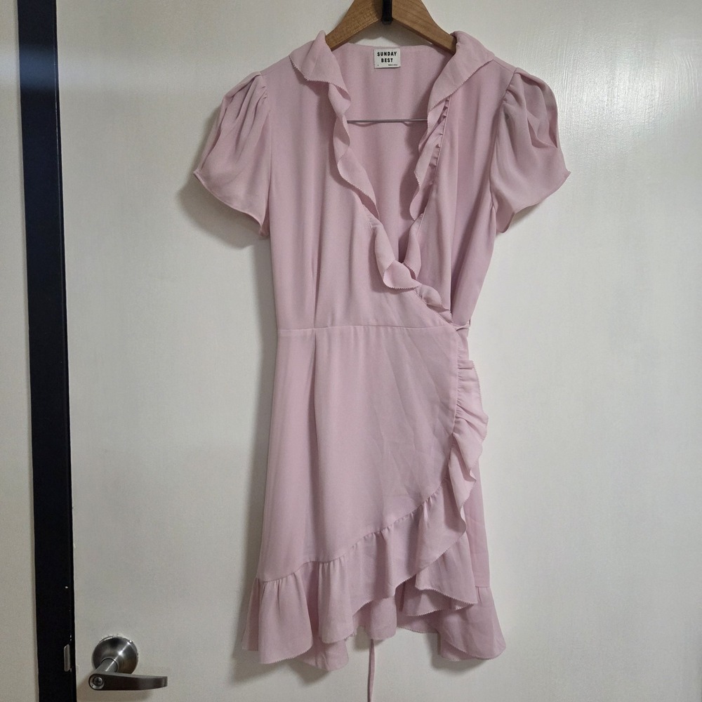 Sunday Best Pink Ruffle Wrap Dress Mini Tie Waist Short Sleeve Cottagecore